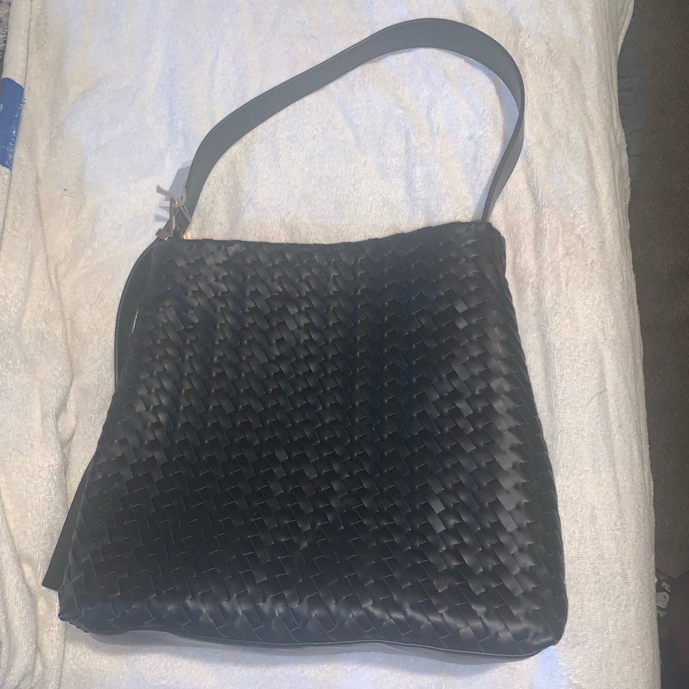 Woven Leather Shoulder Bag - Black